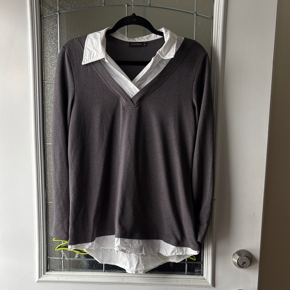 Gray V-Neck Sweater with White Collar